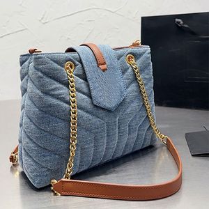 Ketten-Schultertaschen, Messenger-Tasche aus gewaschenem Denim, Damen-Handtaschen, gesteppte Umhängetaschen, Shop-Taschen, Gold-Hardware, Innentasche mit Reißverschluss und mehreren Fächern