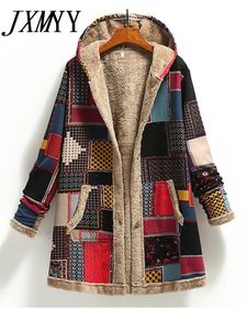 Damen-Wollmischungen, Winter-Vintage-Mantel, warmer Druck, dicke Fleece-Kapuzen-lange Jacke mit Tasche, Damen-Outwear, locker für 221122