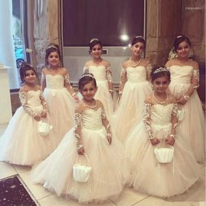 Mädchen Kleider Tüll Blumenkleid mit Schleife für Hochzeit Spitzenapplikationen Langarm Geburtstag Kinder Kleid Erstkommunion Kind trägt
