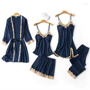 Ev Giyim Satin Sahte İpek Kadınlar Dantel Pijama Set Seksi PJS Sweetwear Samimi iç çamaşırı gevşek kimono robe elbise salonu Giyim Nightwear