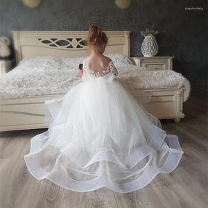 Girl Dresses Ivory Lace Flower With Long Train Tulle First Communion Toddler Birthday Princess Special Occasion Gowns
