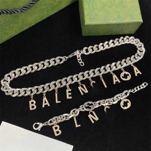 2023 Jewelry thick twisted piece chain double letter Rhinestone Necklace Bracelet brass material minority