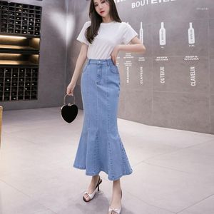 Saias coreanas de uma peça moda mulheres denim saia 2022 saco de verão hip fishtail a-line azul longo feminino