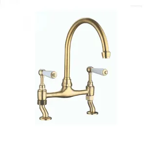 Bath Accessory Set High Quality Bridge Double Handle Antique Luxury Brass Gold Kitchen FaucetCD