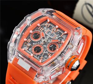 남성 시계 스포츠 시계 패션 투명 케이스 45mm 크로노 그래프 손목 시계 실리콘 스트랩 쿼츠 남자 시계