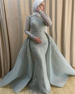 Sparkly Beaded Turkey Muslim Evening Dress Long Sleeve Dubai silver Luxury Prom Dress with overskirt Mermaid robe de soree