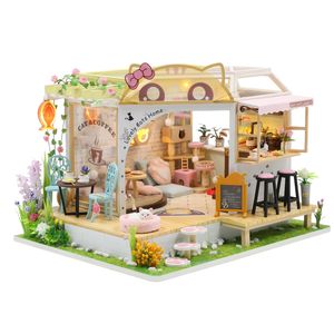 Doll House Acessórios Cat Cafe Back Garden Wooden Dollhouse com móveis de luz LED para presentes adultos DIY Miniatura 221122