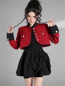 Zweiteiliges Kleid Weibliche Dünne Elegante Set Frauen Einreiher Patchwork Crop Blazer Solide Plissee Mini Kleider Frühling Herbst 221122