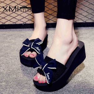 Xmistuo Summer Women Wedges Sandals Slippers With Bow Slides屋外72cm高さ72cm高さのビーチメススリッパ4色7140W J220716