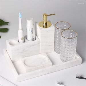 Badtillbeh￶r Set badrumstillbeh￶r marmor tv￥ldispensrar tandborste h￥llare gurgle koppar matr￤tt med bricka 5-6 stycken br￶llopspresent