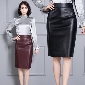 Skirts Women Genuine Leather Pencil Slim Bodycon High Waist Office Ladies Work Formal Real Sheepskin Midi Skirt Female Size 4XL