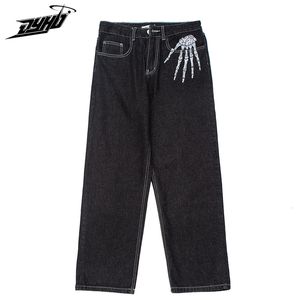 Men's Jeans Punk Bone Print Straight Loose Mens Retro High Street Oversized Casual Denim Trousers Harajuku Washed Jean Pants Unisex 221122