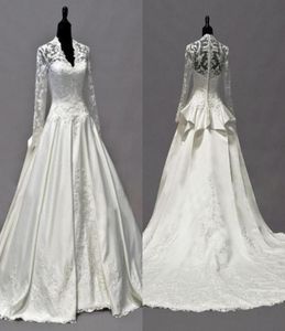 2019 Vintage Kate Middleton Long Rleeves Fall Suknie ślubne ALINE Vneck Ivory Taffeta Appliques Peplum Bridal Gowns Custom6068956