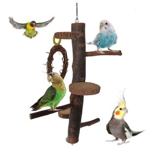 Andra husdjurstillbehör Parrot Bird Wood Perch Stand Toy With Platform Swing Rattan Circle Natural Tree Stick slipning Toys For Birds Cage Accessories 221122