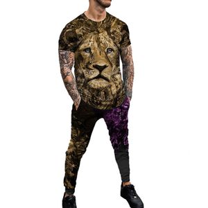 Męskie bluzy bluzy Lion Summer Men's 2 -częściowe zestawy Owwrotne T koszule Joogers stroje mody Mężczyzn Drounders Tracksuit 3D Printed Trend Męskie odzież 221122