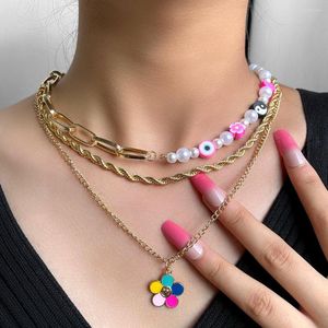 Chains Boho Colorful Flower Metal Clavicle Chain Pearl Beaded Multilayer Necklaces For Women Asymmetry Choker Necklace Beach Jewelry