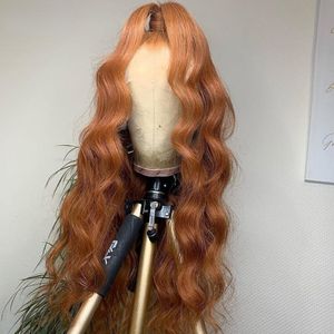 250 Density Body Wave Front Wig Synthetic 36Inch Ginger Brown Hd Lace Frontal ColoredHuman Hair Wigs For Women