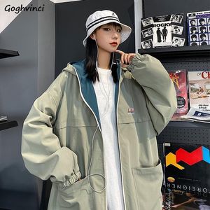 Kvinnorjackor Kontrast Double Side Women Hooded Streetwear Boyfriend Ytterkläder Retro Baseball Loose Harajuku Cargo Coats Ins 221122