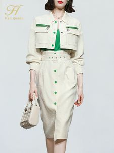 Vestido de duas peças H Han Queen Autumn 3 Peças Conjunto de mulheres Sling de casaco curto e saias de lápis de cintura alta