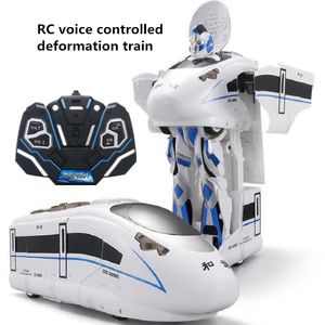 Electric RC Track voice remote control one key deformation robot and train with LED light kids toy rc high speed 221122