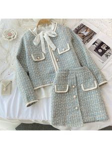 Two Piece Dress Tweed Short Cardigan Jacket Irregular Skirt White Long sleeved Lace up Shirt Three piece Suit Women's Spring British Style 221122