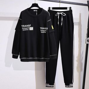 トラックスーツ150kgプラスサイズ女性秋のファッションプリントカジュアルスーツバスト157cm 6xl 7xl 8xl 9xl 10xlルーズスウェットシャツウエストパンツセット