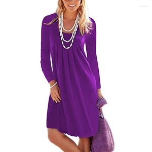 Casual Dresses Black Blue Green Purple Women Fall Dress Long Sleeve O-Neck Wrinkle A-Line Short 3XL Femme Vestido