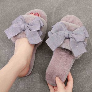 Versão coreana do estilo INS Style Indoor Home Sweet e moda Drag Girl Autumn e Winter Bow Girl Cotton Slippers J220716