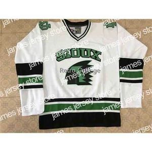 College Hockey trägt Nik1 North Dakota Fighting Sioux University, weißes Hockey-Trikot, Herren-Stickerei, genäht. Passen Sie Trikots mit beliebiger Nummer und Namen an