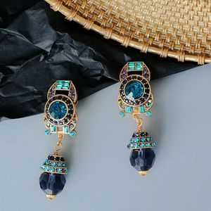 Luksusowe kołki na uszach Vintage Środkowy starożytny pałac niebieski kryształowy klip uszy mosiądz18k złota platowane gwiazdy kolczyki łańcuchowe