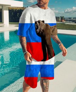 Felpe con cappuccio da uomo Felpe con bandiera russa T-shirt da uomo Set Orso 3d Maglietta stampata 2 pezzi Set casual Estate Abbigliamento sportivo oversize Tuta da uomo 221122