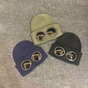 ￓculos de duas lentes Goggles gorros homens tricotaram chap￩us tampas de caveira ao ar livre gorro de inverno preto gorros cinza gorros