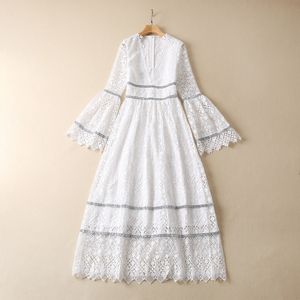 2022 Autumn White Deep V-Neck Panelled Lace Dress Flare Sleeve Solid Color Long Maxi Casual Dresses S2N221459