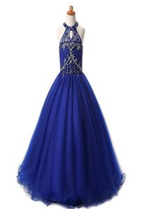 Modern Royal Blue Halter Girls Pageant Dresses 2022 Crystal Pärled Sequin Tulle A Line Hollow Back Long Kids Formal Prom Dress4755104