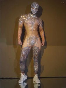 Stage Wear Deguisement Nude Gogo Pole Dance Rave Flesh Color Leotard Men Sexy Rhinstone Jumpsuit Mask Celebrate Costume Outfit