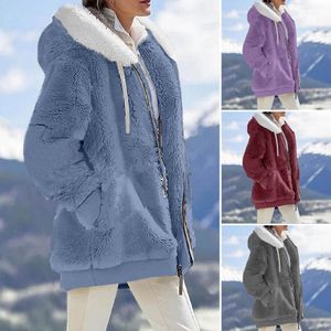 Womens Jackets Winter Warm Faux Fur Coat Zipper Plush Hooded Cardigan Loose Jacket Hood Sweatshirt Outwear Overcoat 221122
