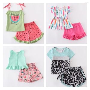 Kläder sätter Girlymax Summer Baby Girls Sleeveless Clothes Watermelon Leopard Cow Stripes Ruffles Boutique Shorts Set Outfits Kids