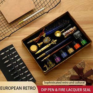 Fountain Pens Antique Feather Dip Kit Retro Wooden Set Classic Wax Seal Stamp for Calligraphy Art Words Gifts 221122