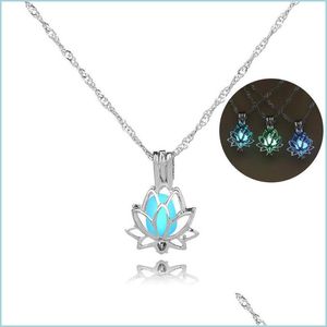 Pendant Necklaces Glow In The Dark Lotus Pendant Necklaces Luminous Flower Locket Cage Necklace Women Fashion Jewelry Drop Delivery P Dhl6Z