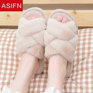 Asifn Faux Pelz Slider Frauen Winter Zu Hause Hausschuhe Baumwolle Weibliche Kreuz Vamp Plüsch Nette Indoor Antislip Warme Hause Dekoration herbst J220716