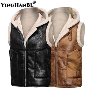 Mens Vests High Quality Autumn Winter Men Leather Vest Jacket Fleece Thicken Retro Suede Fur Warm Velvet Cotton Zip Hoodies Motorcycle Coat 221122