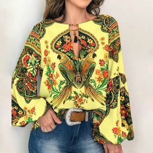 Kombinezony damskie Pajacyki Kwiatowy nadruk Boho Bluzka Kobiety Wiosna Jesień Chic Latarnia Z długim rękawem O Neck Bluzki Koszula Vintage Lace Up Tassel Blusa Topy 221123