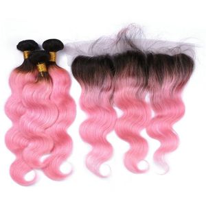 Two Tone 1BPink Ombre 13x4 Lace Frontal Closure With 3 Bundles Body Wave Dark Roots Pink Ombre Brazilian Virgin Hair With Frontal4018168