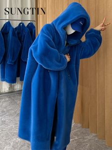Damen Pelz Faux Sungtin Winter Nerz Langer Mantel für Frauen Übergroße Reißverschlusstaschen Kapuzenjacke Koreanische Mode Flauschige warme Kleidung 221123