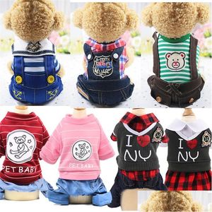 Hundkläder Casual Pet Dog Sweater Plaid Stripe Bear Prints Doggy and Puppy Denim Clothes Apparel 4 Ben Cat Clothing College Style DHFCP