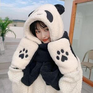 Berets Cartoon Panda Plush Hat Cute Bear Claw 3 In 1 Keep Warm Thickened Windproof Winter Women Scarf Gloves Cap Set Mitten Beanies