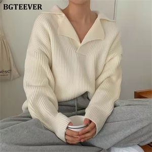 Kadın Sweaters Bgteever Sıradan Şık Gevşek Dönüş Yaka Kadınlar Örme Jumpers Sonbahar Tam Kollu Kadın Katı Külot 221123