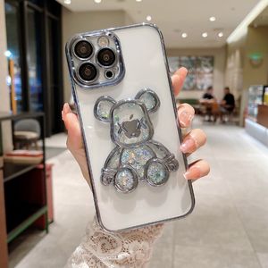 Cute Bear Quicksand Custodie per cellulare per iPhone 14 13 12 11 Pro Max Xs X Xr 8 7 Plus Placcatura trasparente Glitter Lens Pellicola protettiva Cover posteriore