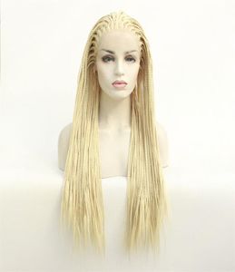 613 Blond Box flätad syntetisk spetsfront peruk simulering Human hår spetsfrontal flätfrisyr peruker