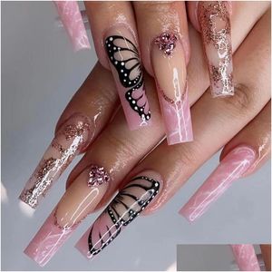 24Pcs Detachable Pink Coffin Press on Nails with Rhinestone Gradient Design